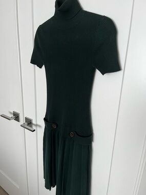 Moda International Turtleneck Short Sleeve Knit Dress in Dark Green